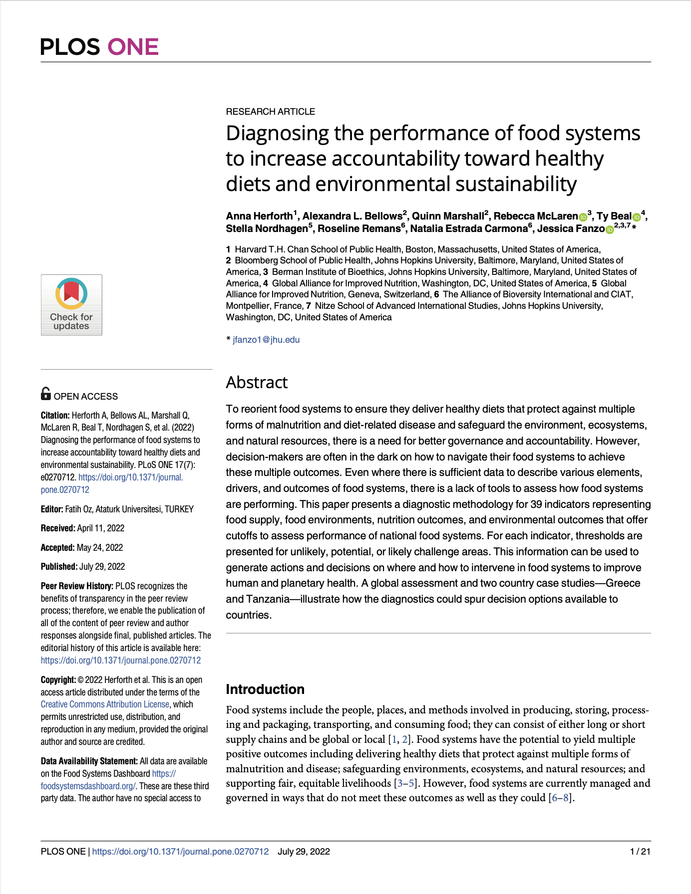 Diagnosing the performance of food systems to increase accountability toward healthy diets and environmental sustainability