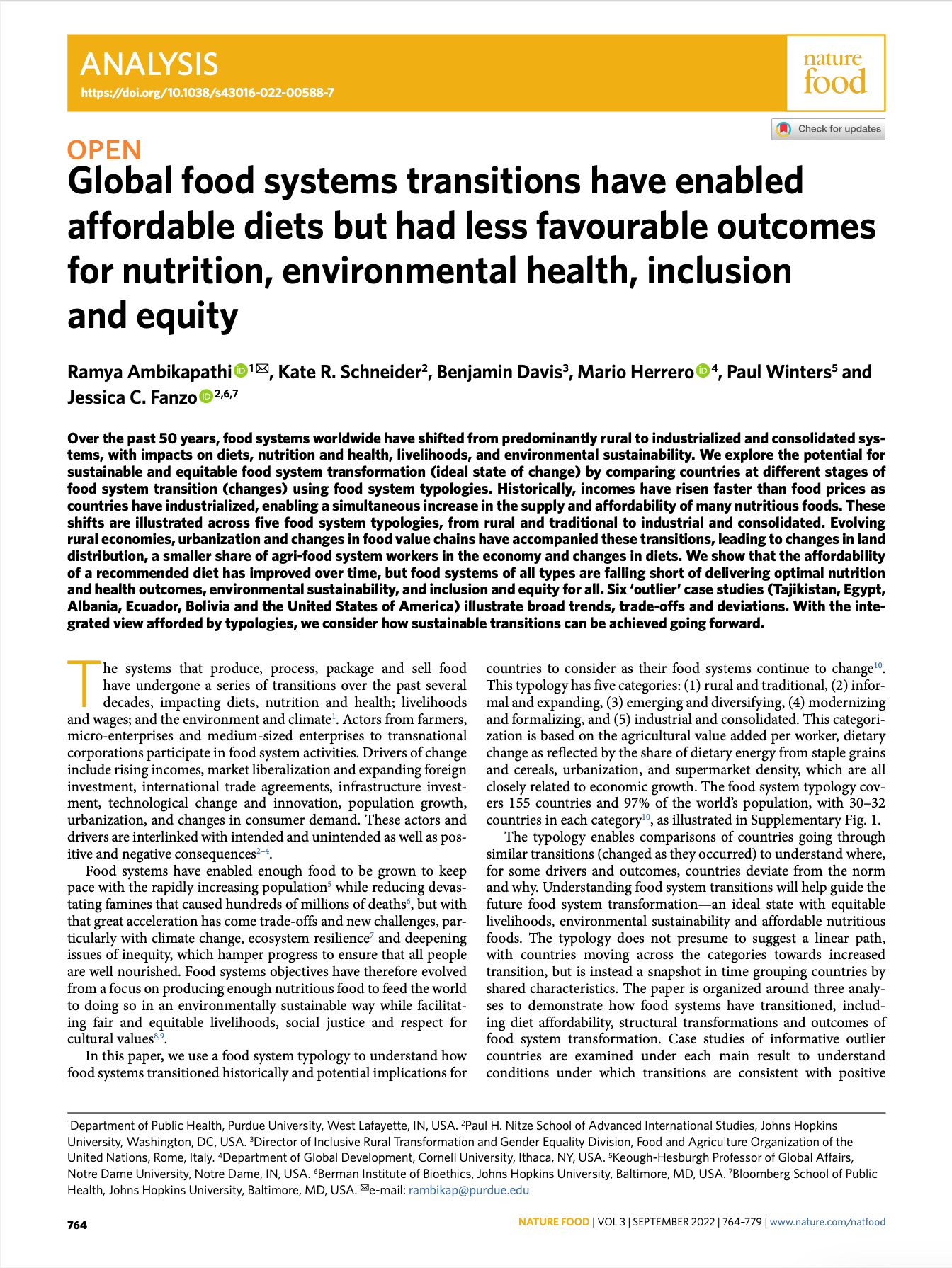 Global food systems transitions have enabled affordable diets but had less favourable outcomes for nutrition, environmental health, inclusion and equity