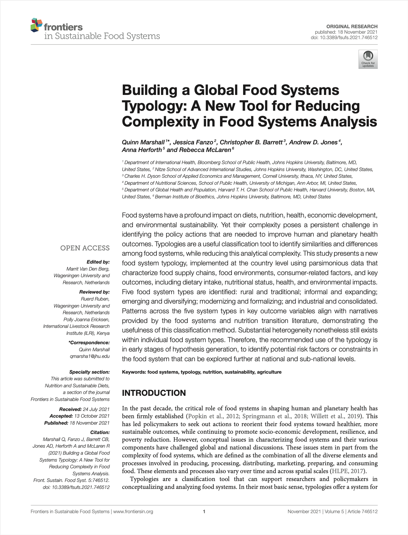 Building a Global Food Systems Typology: A New Tool for Reducing Complexity in Food Systems Analysis
